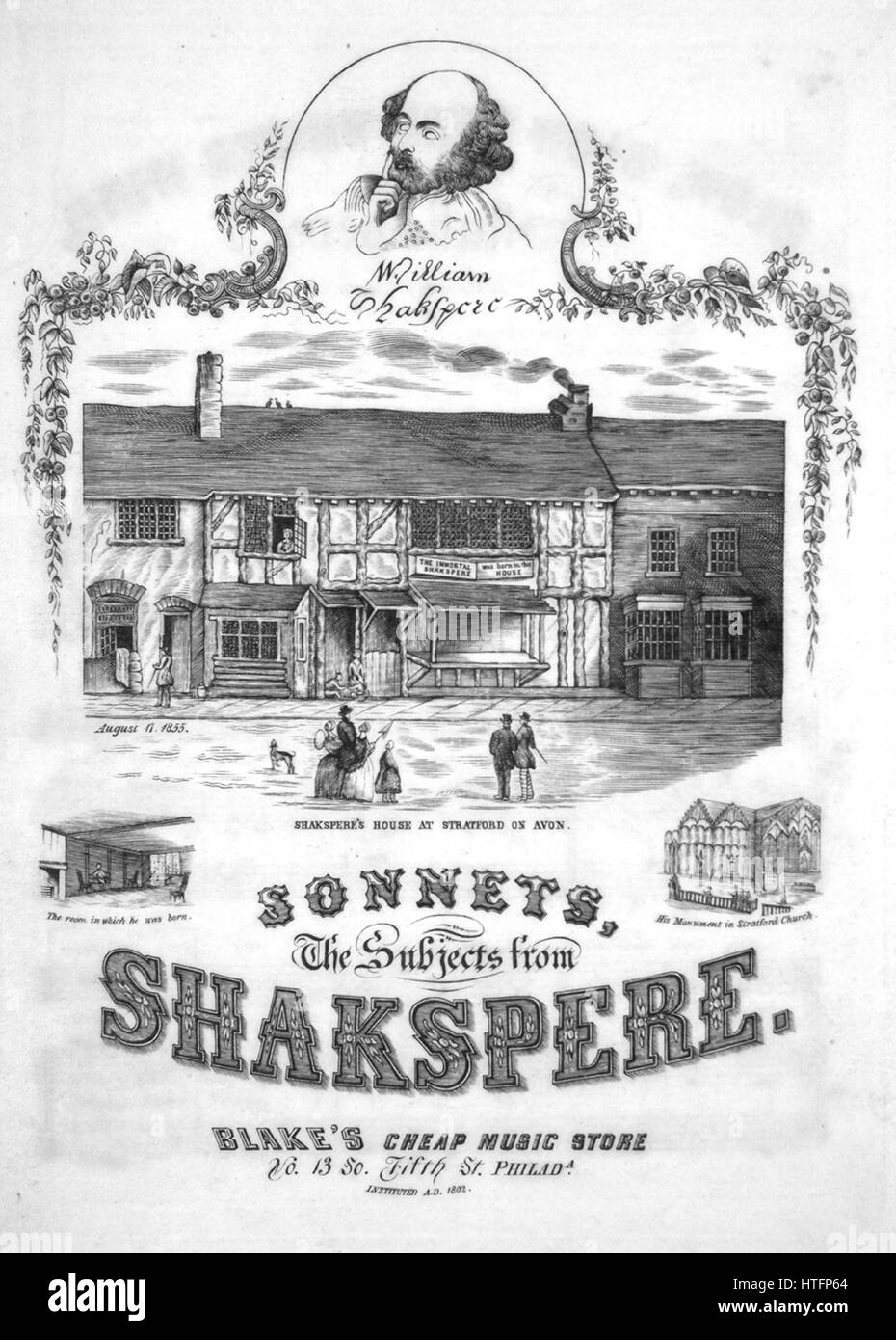 Sheet music cover image of the song 'Sonnets, the Subjects from Shakspere [sic]', with original authorship notes reading 'The Words by [William] Shakspere [sic] Music by Dr Arne', 1855. The publisher is listed as 'Blake's Cheap Music Store, No.13 So. Fifth St.', the form of composition is 'strophic with chorus', the instrumentation is 'piano and voice', the first line reads 'Blow, blow, thou winter wind, Thou art not so unkind as man's ingratitude', and the illustration artist is listed as 'unattributed lith. of 'Shakspere's [sic] House at Stratford on Avon, The room in which he was born, and Stock Photo