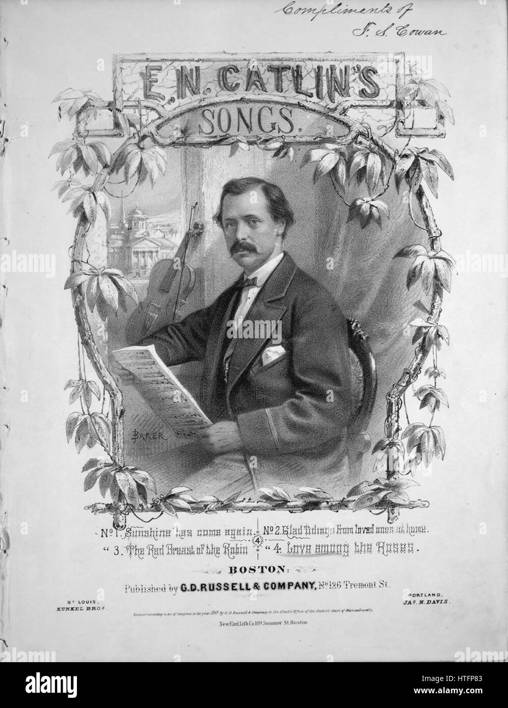Sheet music cover image of the song 'EN Catlin's Songs No4 Love Among The Roses', with original authorship notes reading 'Words by WH Delehanty Music by EN Catlin', United States, 1869. The publisher is listed as 'G.D. Russell and Company, No.126 Tremont St.', the form of composition is 'strophic with chorus (dance interlude)', the instrumentation is 'piano and voice', the first line reads 'It was on one summer's evening In the merry month of June', and the illustration artist is listed as 'New Eng. Lith. Co. 109 Summer St. Boston; Baker'. Stock Photo