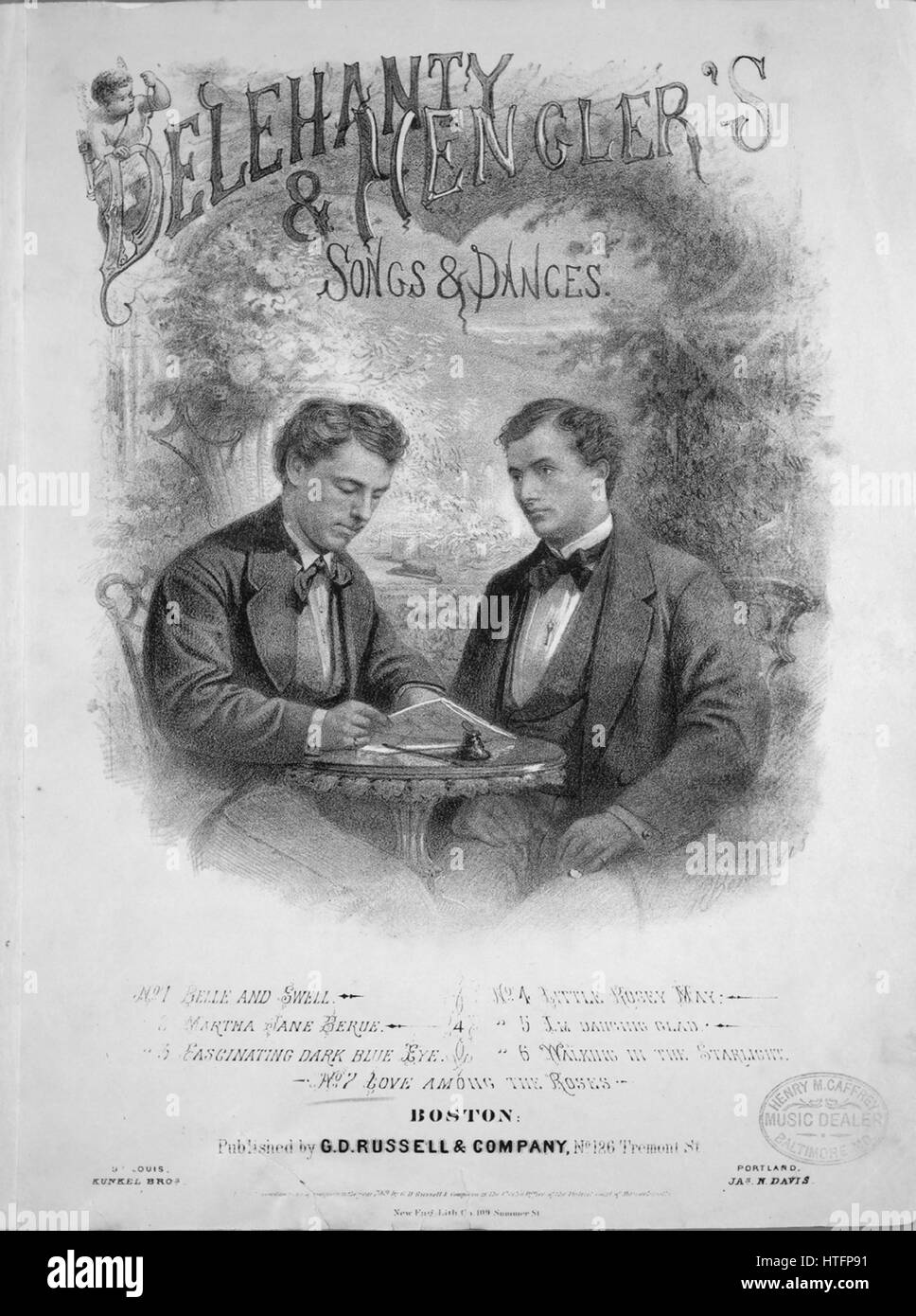Sheet music cover image of the song 'EN Catlin's Songs No7 Love Among The Roses', with original authorship notes reading 'Words by WH Delehanty Music by EN Catlin', United States, 1869. The publisher is listed as 'G.D. Russell and Company, No.126 Tremont St.', the form of composition is 'strophic with chorus (dance interlude)', the instrumentation is 'piano and voice', the first line reads 'It was on one summer's evening In the merry month of June', and the illustration artist is listed as 'New Eng. Lith. Co. 109 Summer St. Boston'. Stock Photo