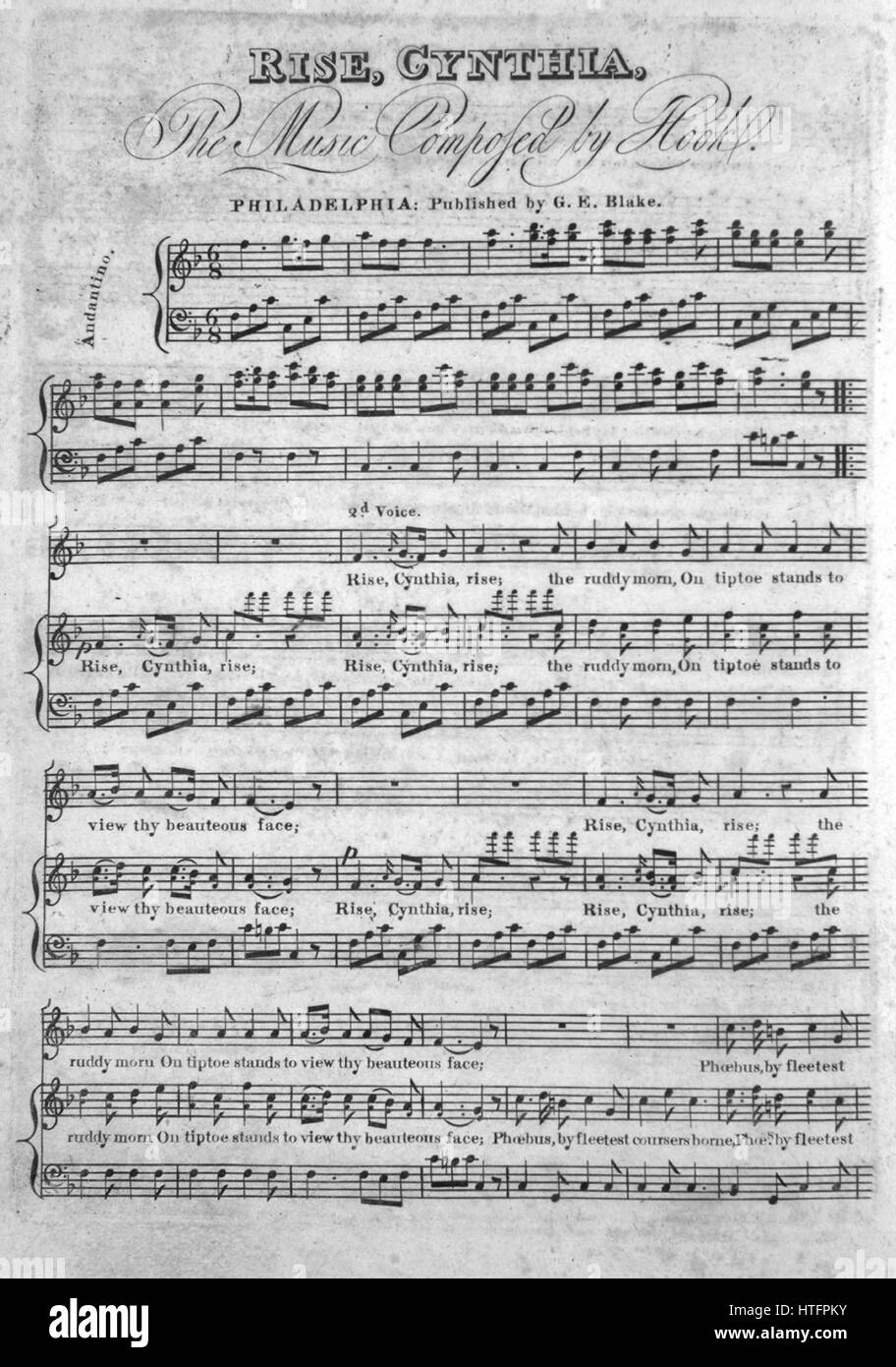 Sheet music cover image of the song 'Rise, Cynthia', with original authorship notes reading 'The Music Composed by Hook', United States, 1900. The publisher is listed as 'G.E. Blake', the form of composition is 'sectional', the instrumentation is 'piano and voice', the first line reads 'Rise, Cynthia, rise; the ruddy morn, On tiptoe stands ot view thy beauteous face', and the illustration artist is listed as 'None'. Stock Photo