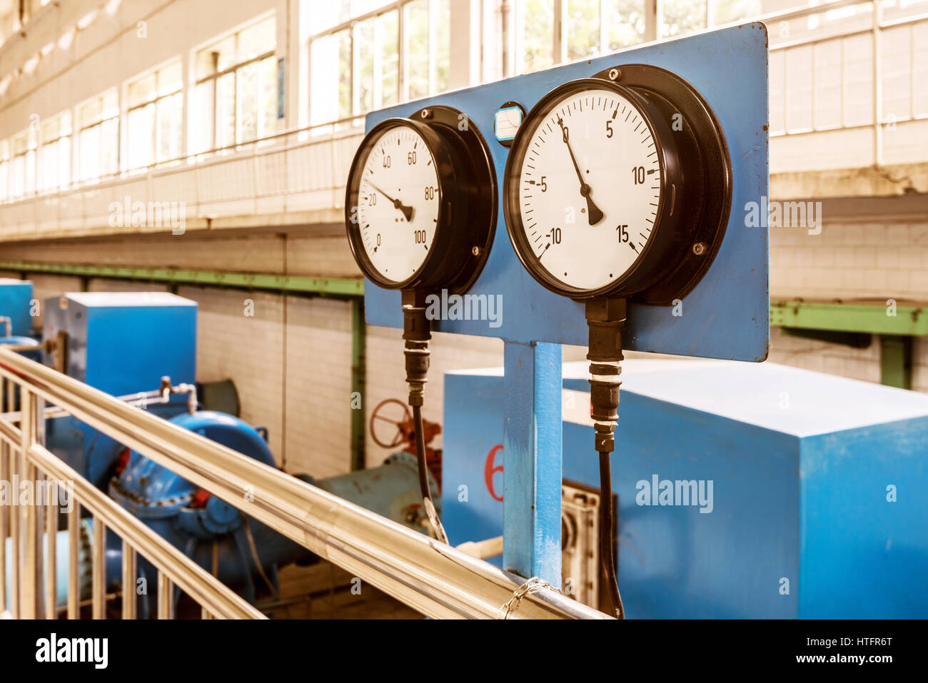 Sewage treatment plants indoors and instrumentation closeup Stock Photo
