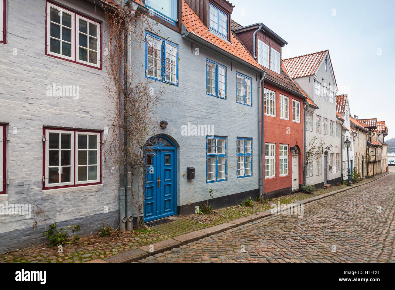 Street prspective with traditional colorful living houses along the