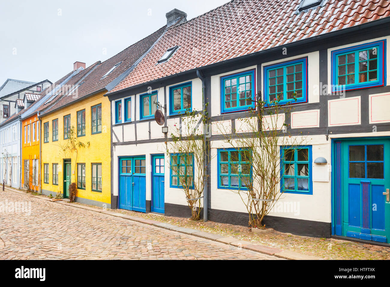 Traditional colorful living houses stand along the street in old town