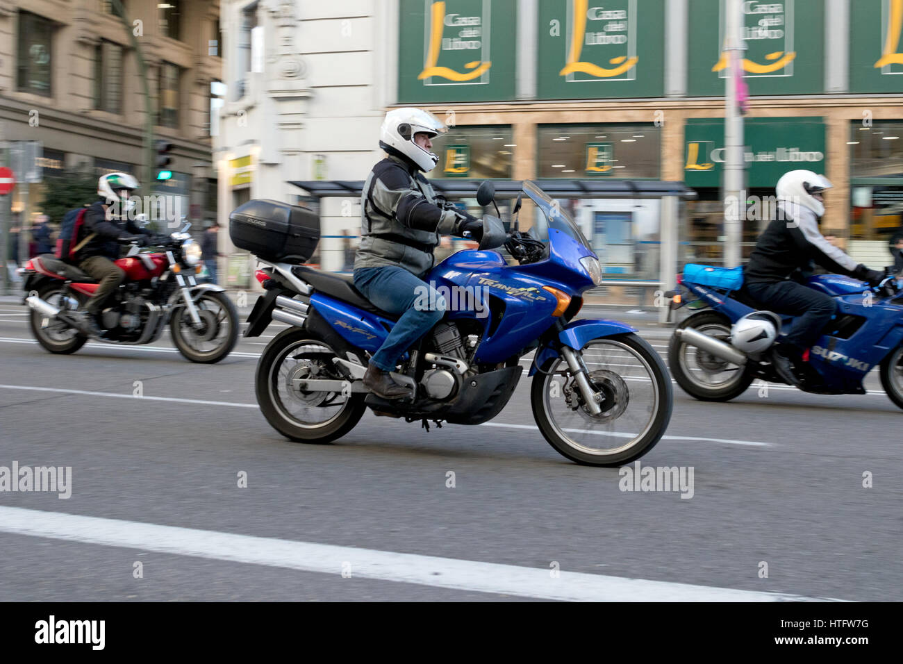Group of bikers in Gran via Madrid street (Spain) 2017. Stock Photo
