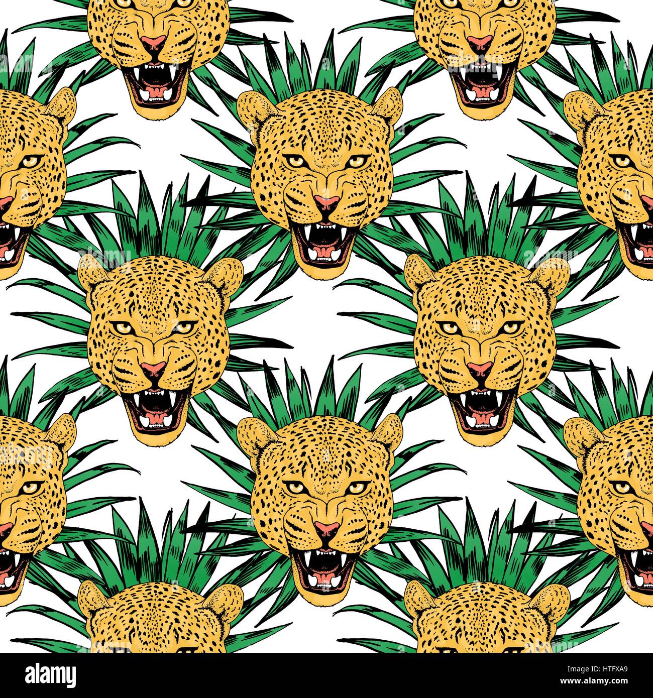 vector leopards in colorful tropical flowers seamless background Stock ...