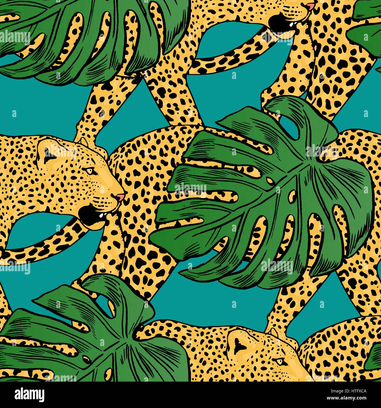 vector leopards in colorful tropical flowers seamless background Stock ...