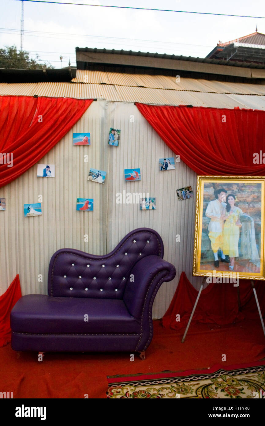 Small Wedding Photographs Are Attached To A Wall Behind A Purple