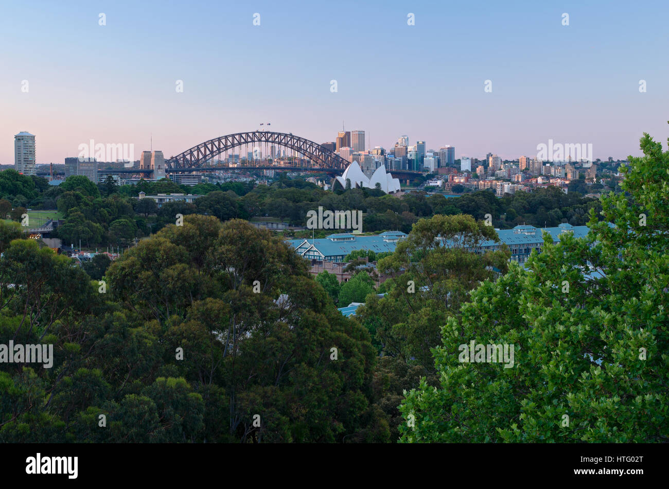 city skyline with buildings landmarks downtown harbor and trees of sydney in new south wales australia Stock Photo