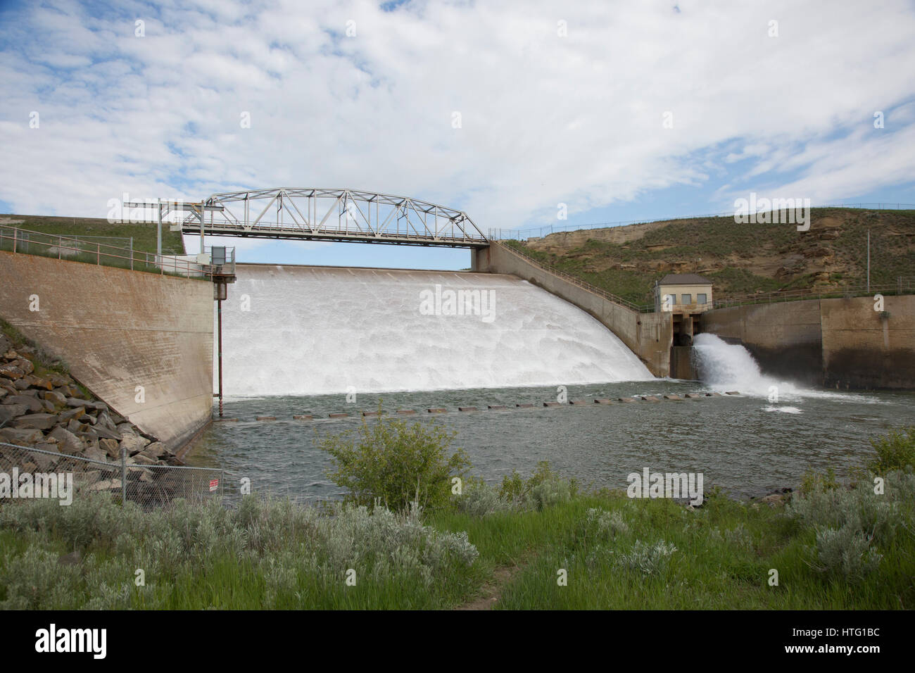 Spillway on Fresno Dam, 14 miles west of Havre. The structure dams the Milk River, providing conservation storage and flood control. Stock Photo