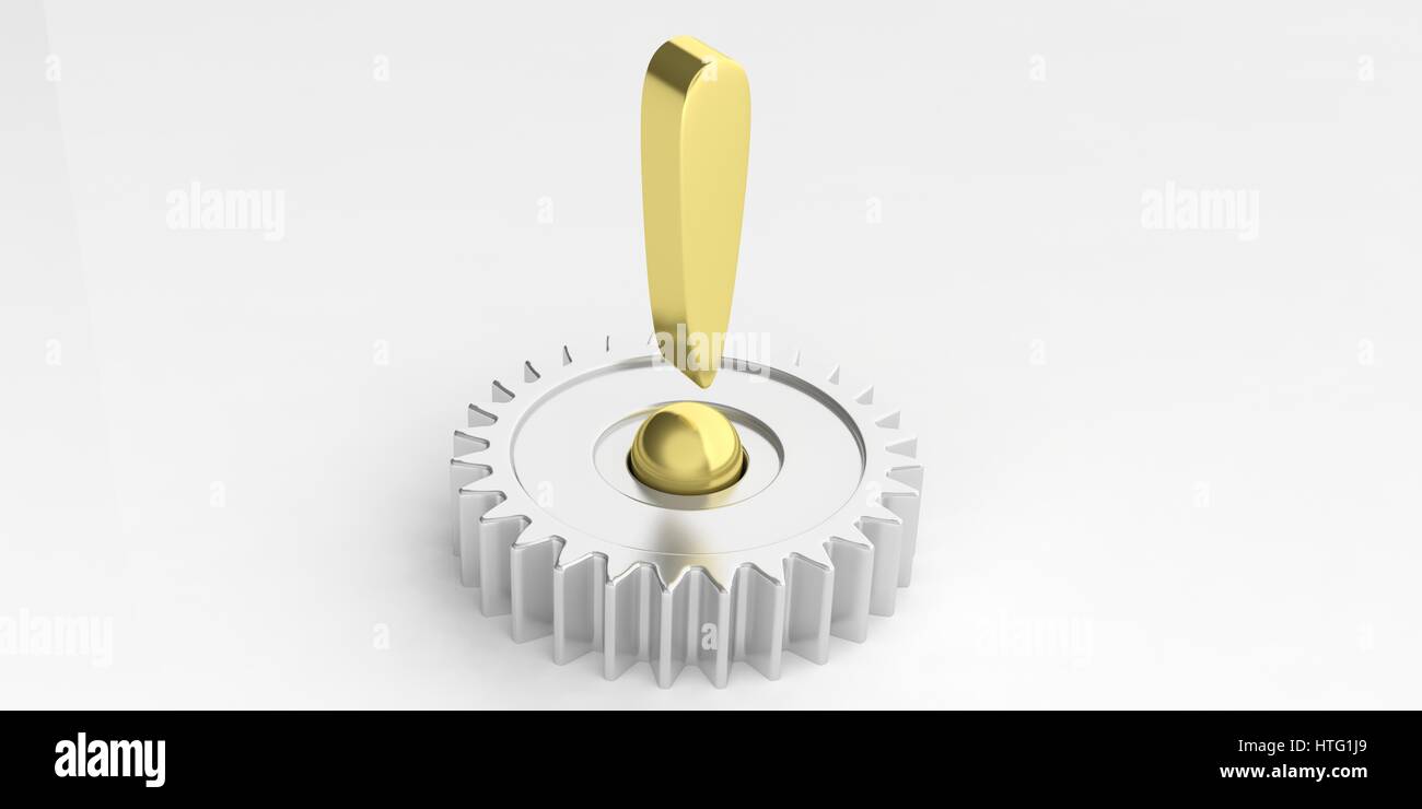 Golden exclamation mark gear on white background. 3d illustration