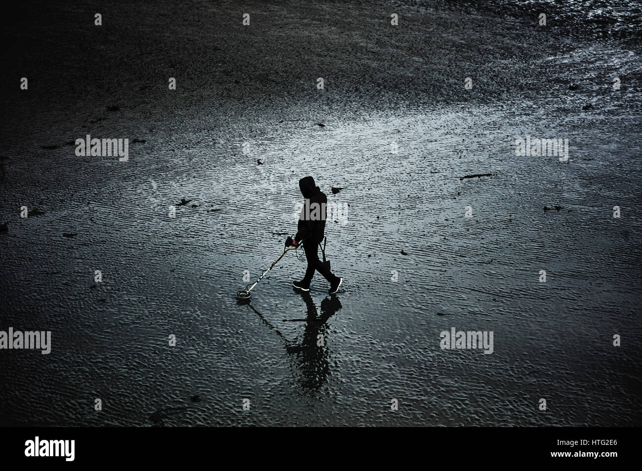 Man with metal detector on a beach Stock Photo - Alamy