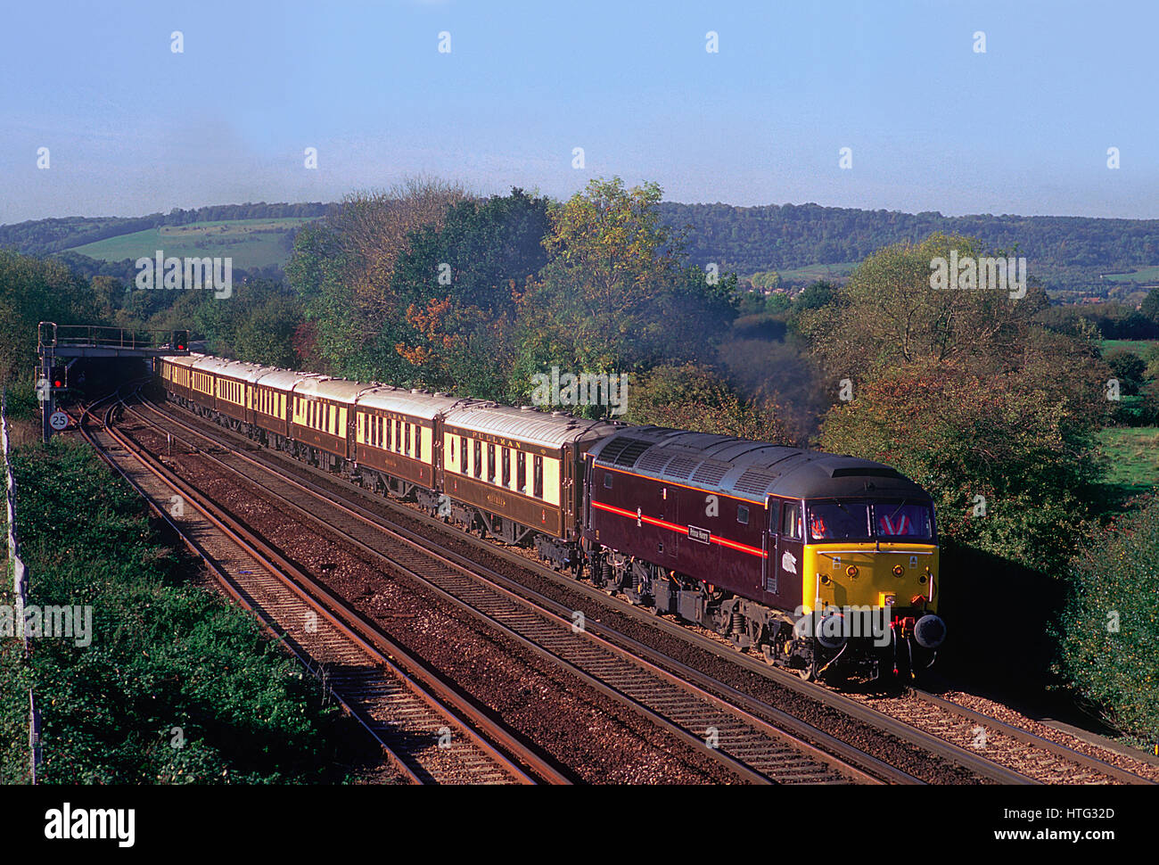 A Class 47 locomotive number 47799 'Prince Henry' working a Venice Simplon Orient Express excursion at Otford Junction in 2001. Stock Photo