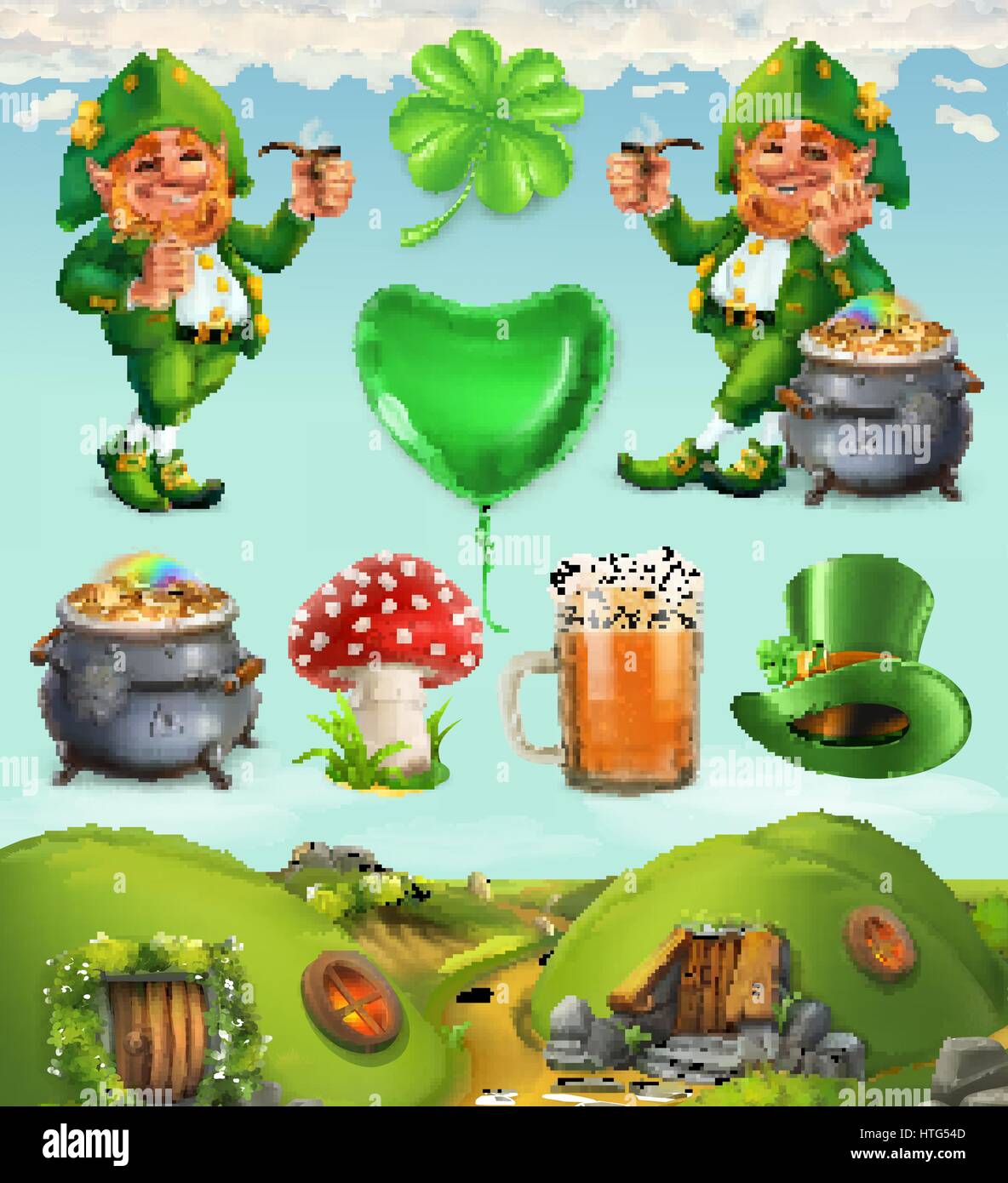 Feast of Saint Patrick. Fairy Tale Village. Leprechaun house 3d vector icon  set Stock Vector Image & Art - Alamy