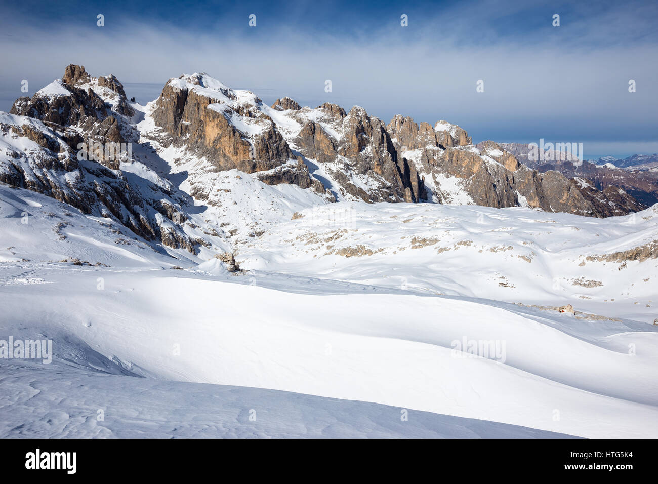 The Pale di San Martino mountain group, snow cover and north peaks. The Dolomites. Italian Alps. Europe. Stock Photo