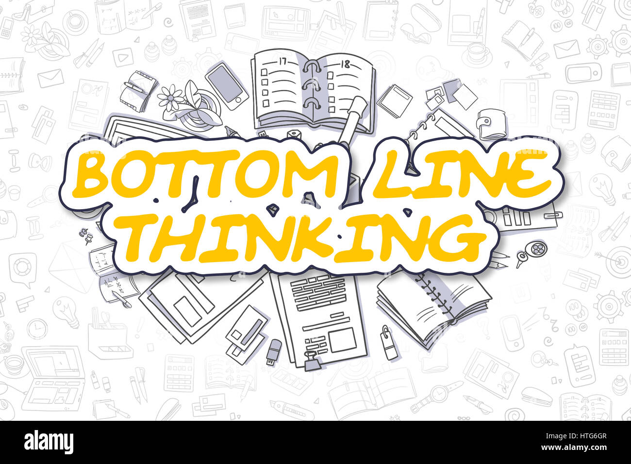 Bottom Line Thinking - Sketch Business Illustration. Yellow Hand Drawn Inscription Bottom Line Thinking Surrounded by Stationery. Doodle Design Elemen Stock Photo