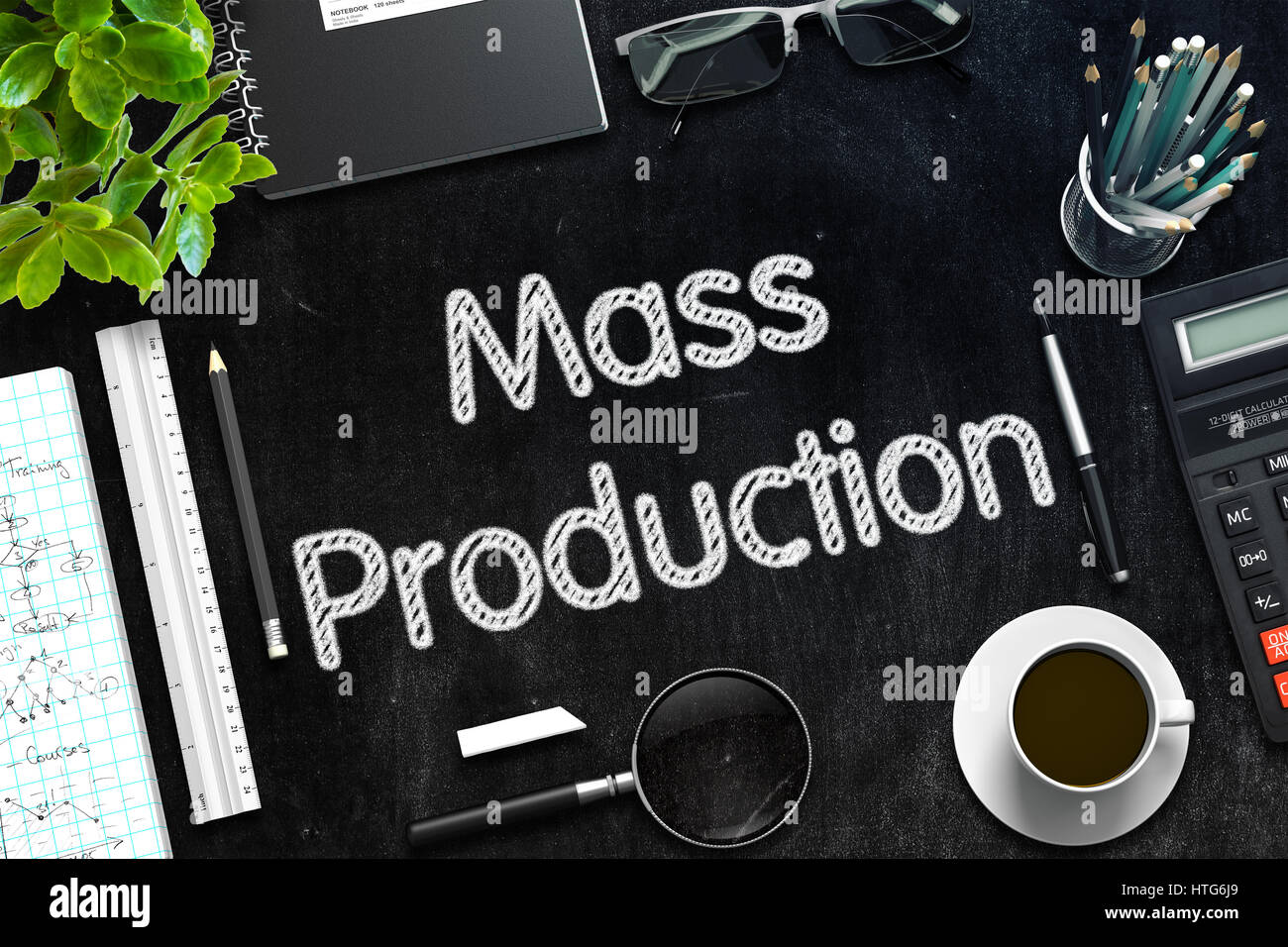 Black Chalkboard with Handwritten Business Concept - Mass Production - on Black Office Desk and Other Office Supplies Around. Top View. 3d Rendering.  Stock Photo