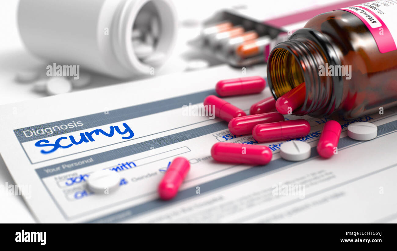 Handwritten Diagnosis Scurvy in the Anamnesis. Medicaments Composition of Red Pills, Blister of Pills and Bottle of Tablets. Scurvy Phrase in Disease  Stock Photo