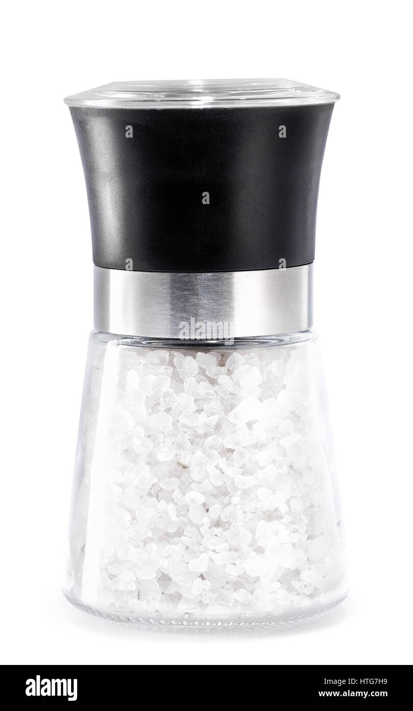 Glass grinder full of sea salt isolated on white background with