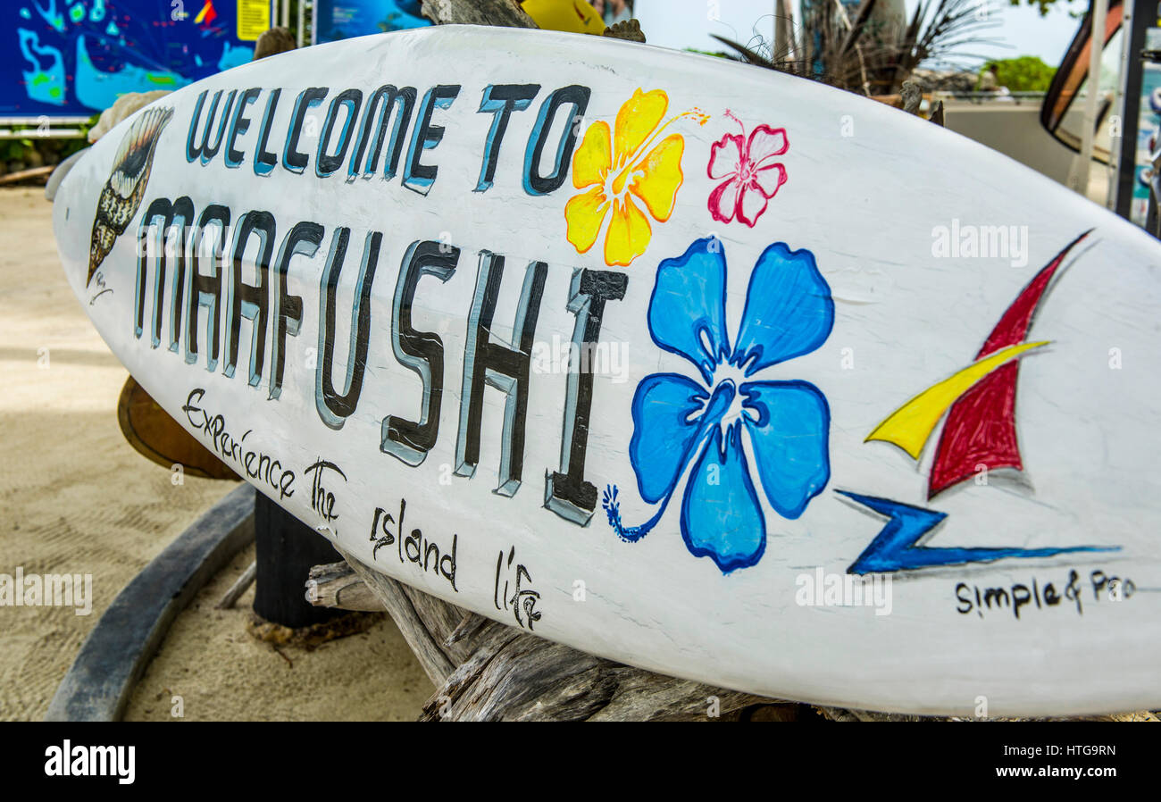 Surf board on Maafushi Island, Maldives Stock Photo