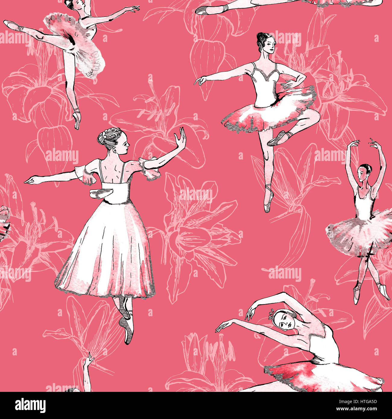 Seamless pattern of ballet dancers and white lilies, freehand drawing, watercolor painting, isolated on pink background. Fabric texture, wallpaper. Stock Photo