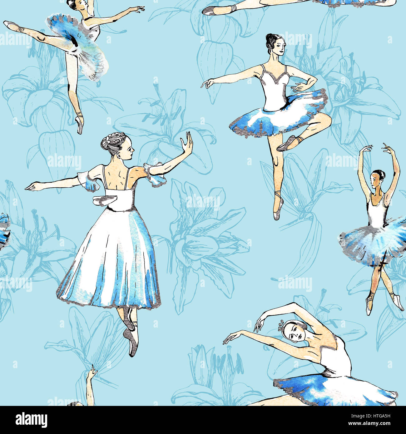 Seamless pattern of ballet dancers and lilies, freehand drawing, watercolor painting, isolated on blue background. Fabric texture. Wallpaper. Stock Photo