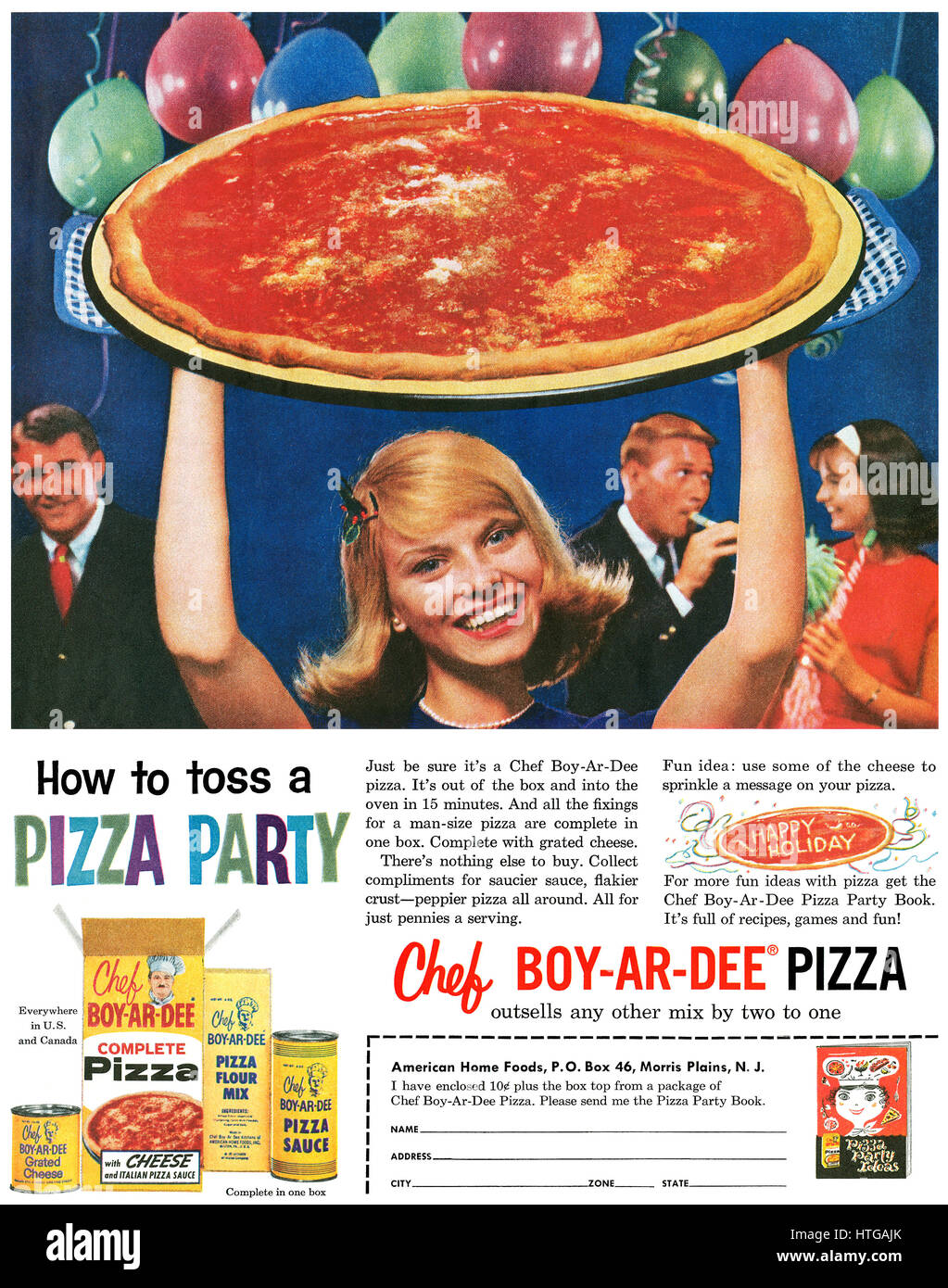1960 U.S. advertisement for Chef Boy-Ar-Dee Pizza. Stock Photo
