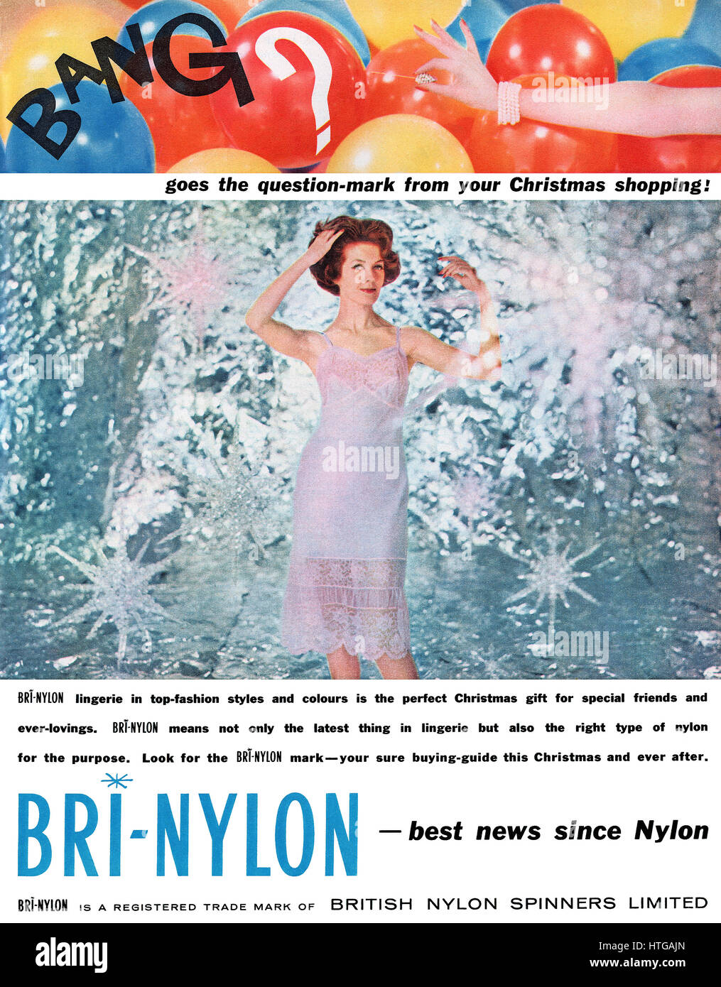 1959 British Christmas advertisement for Bri-Nylon from British Nylon Spinners Limited. Stock Photo