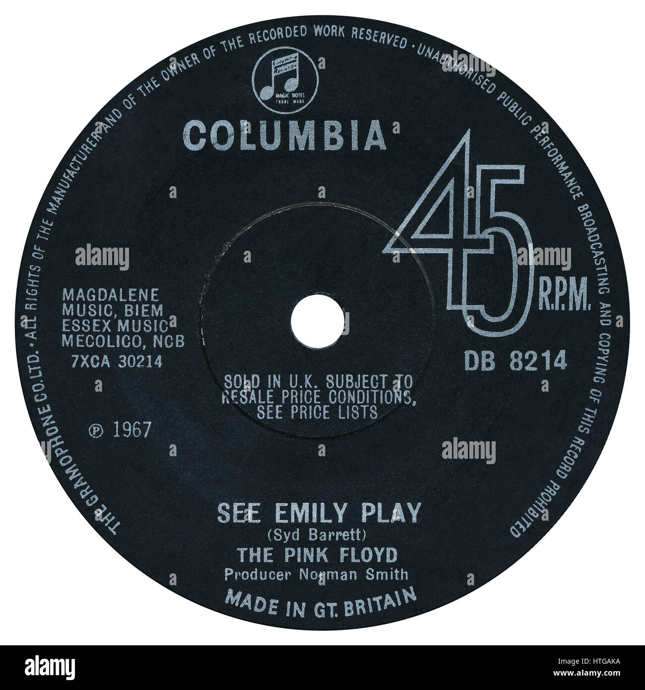 45 RPM UK 7' vinyl single of See Emily Play by The Pink Floyd on the Columbia label from June 1967. Stock Photo