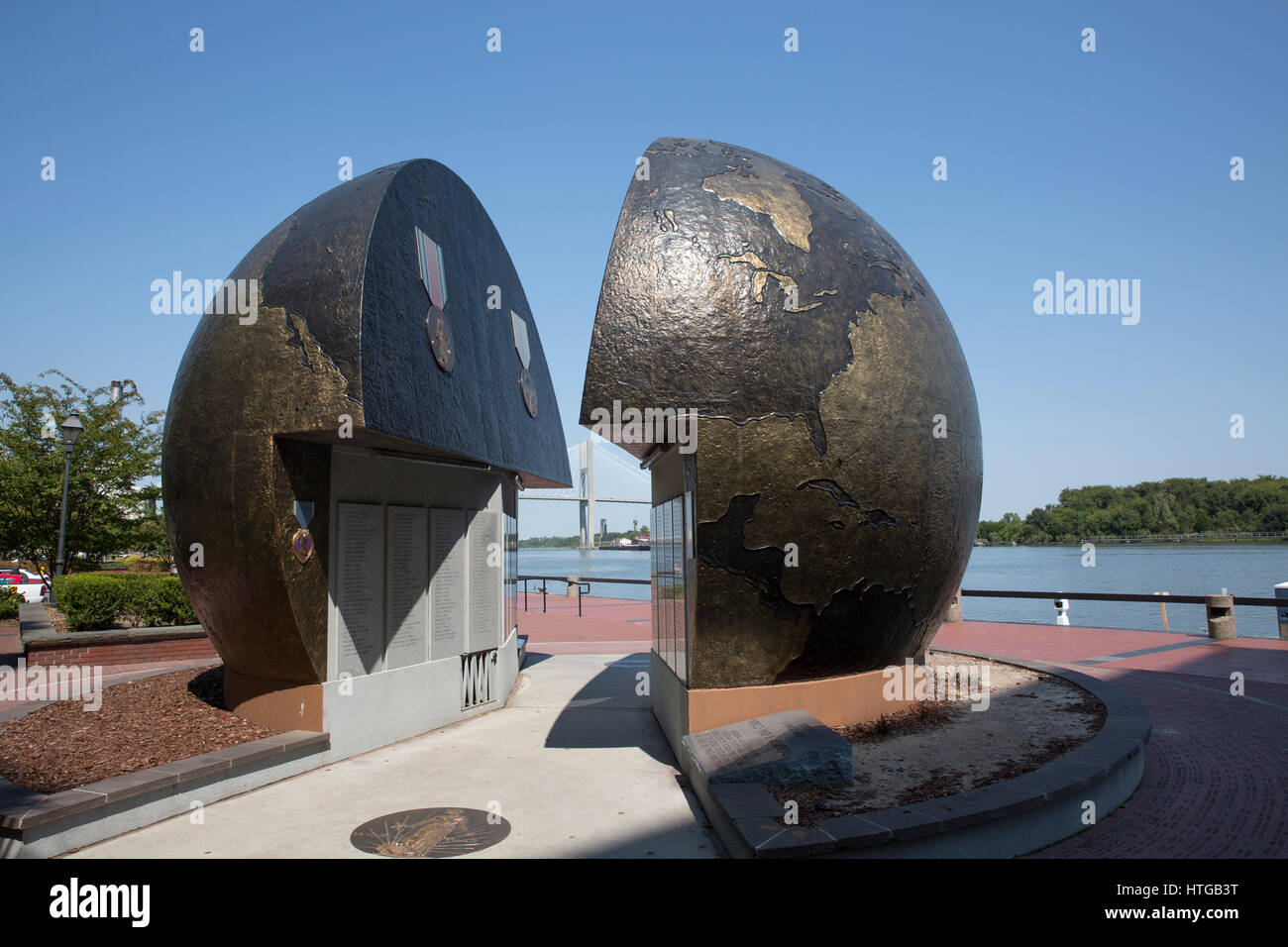 World War 2 memorial in downtown Savannah, showing a globe split in half. Stock Photo