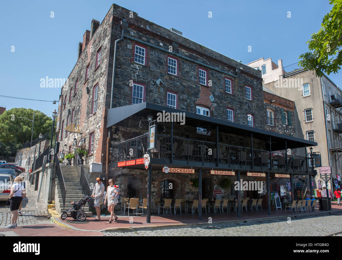 Restaurant in downtown Savannah along the riverfront. Stock Photo