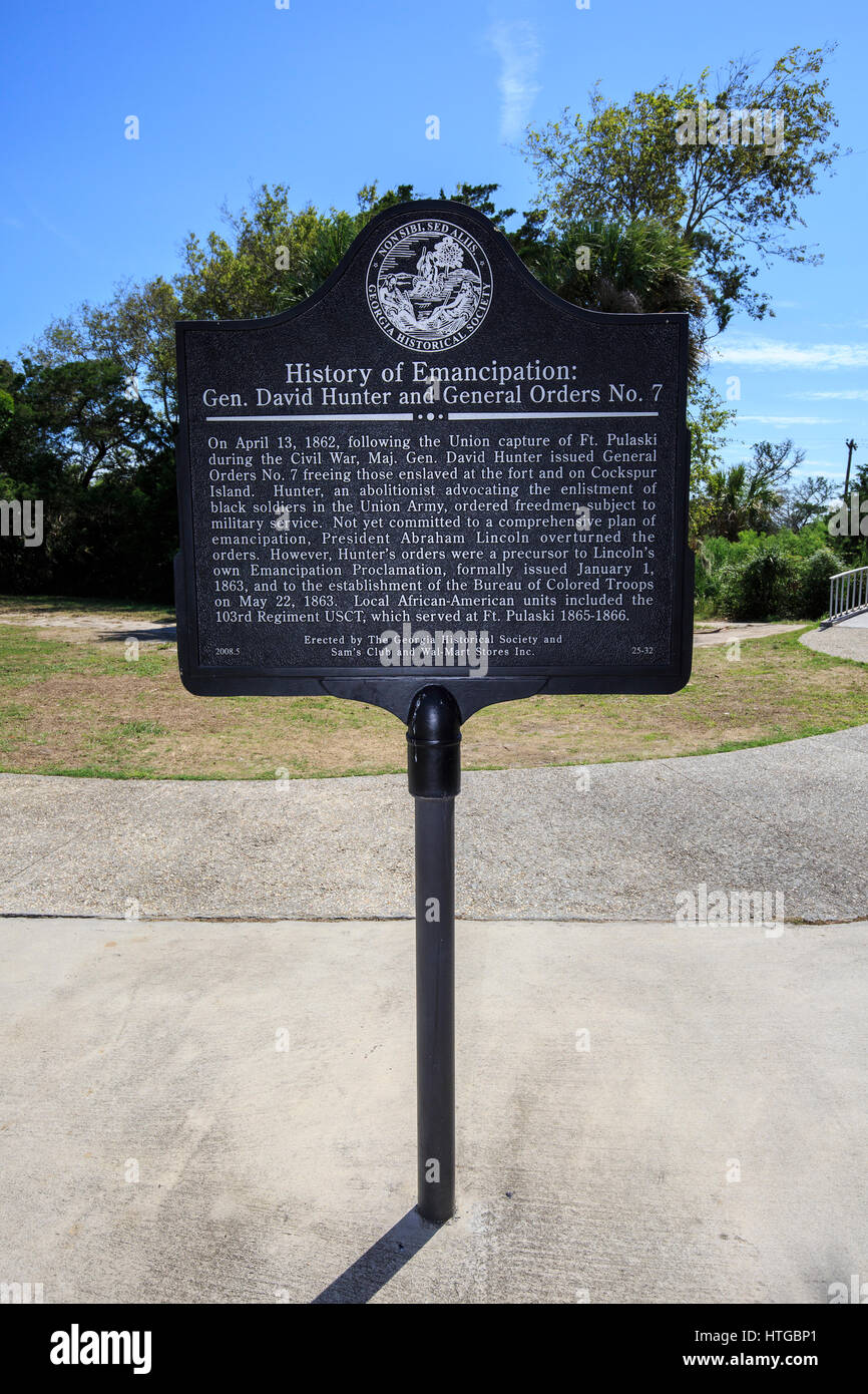 Historical marker to Major General David Hunter who freed the salves at Cockspur Island and Fort Pulaski. Stock Photo