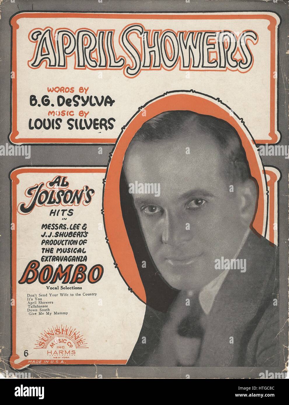 "April Showers" from the 1921 Al Jolson Musical "Bombo" Sheet Music