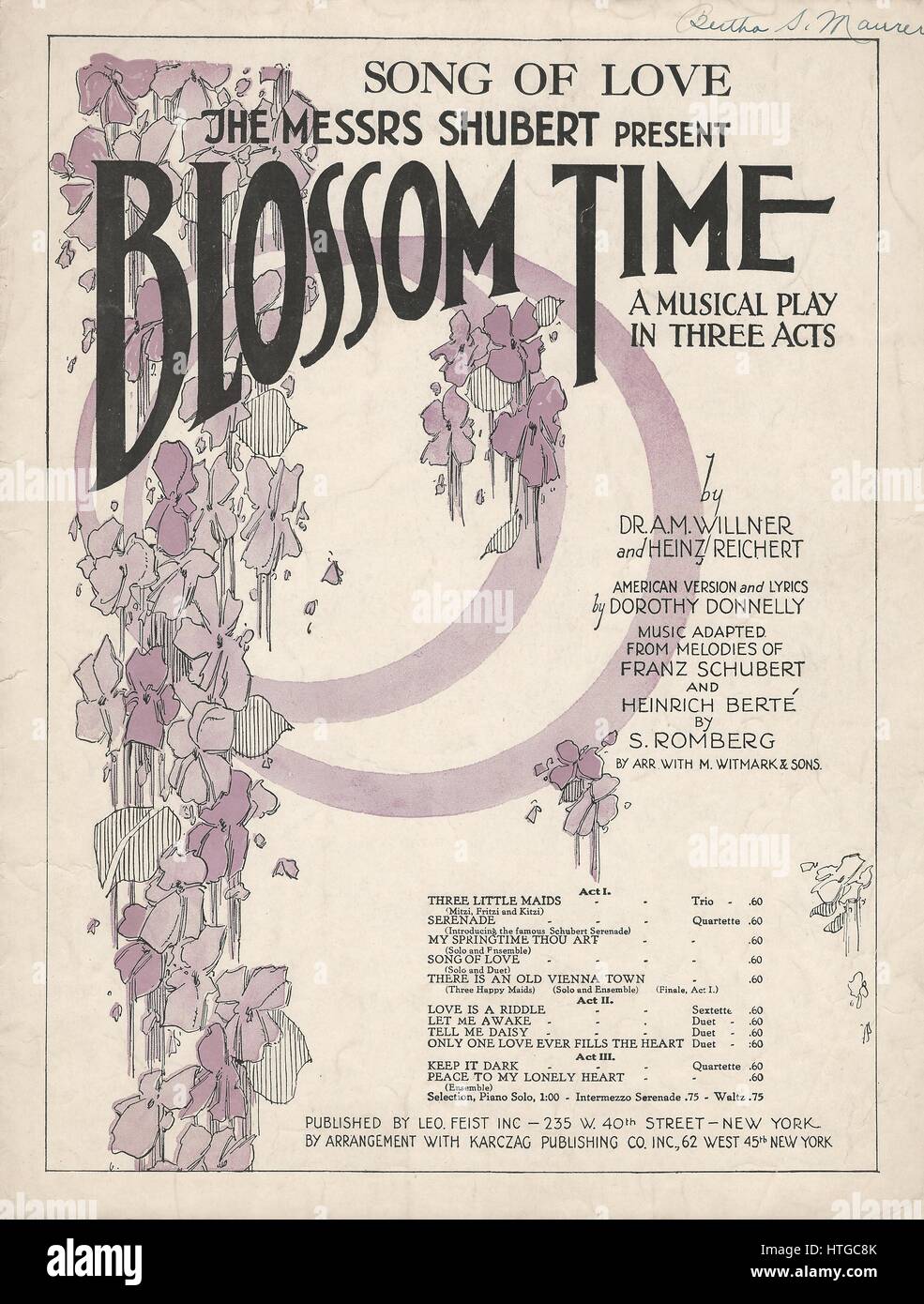 'Blossom Time' 1921 Musical Sheet Music Cover Stock Photo