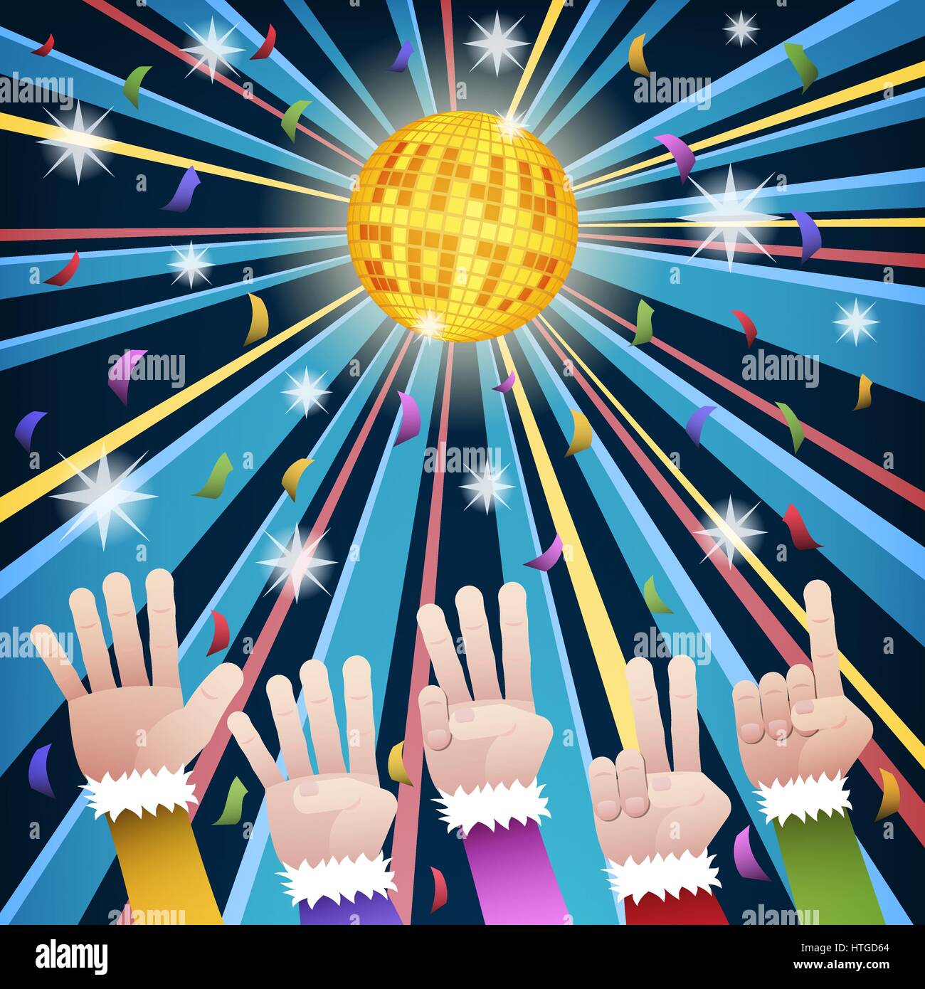 Happy new year countdown disco party with hands count number from five to one, under gold hny 2017 mirror ball and colorful confetti Stock Vector