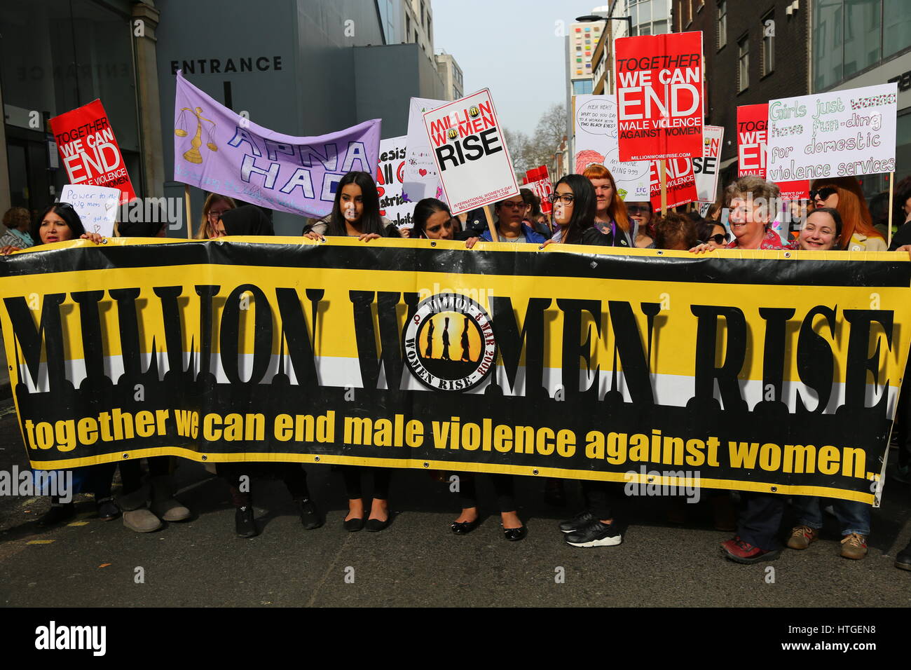 London, UK. 11th March, 2017. Million Women Rise (MWR) believe that male violence against women and children is a global pandemic. Violence devastates the lives of women, our families, and our communities. It also threatens to undermine efforts to bring about sustainable development. Their campaign to end violence against women is an international struggle for female emancipation and liberty. Credit: Penelope Barritt/Alamy Live News Stock Photo
