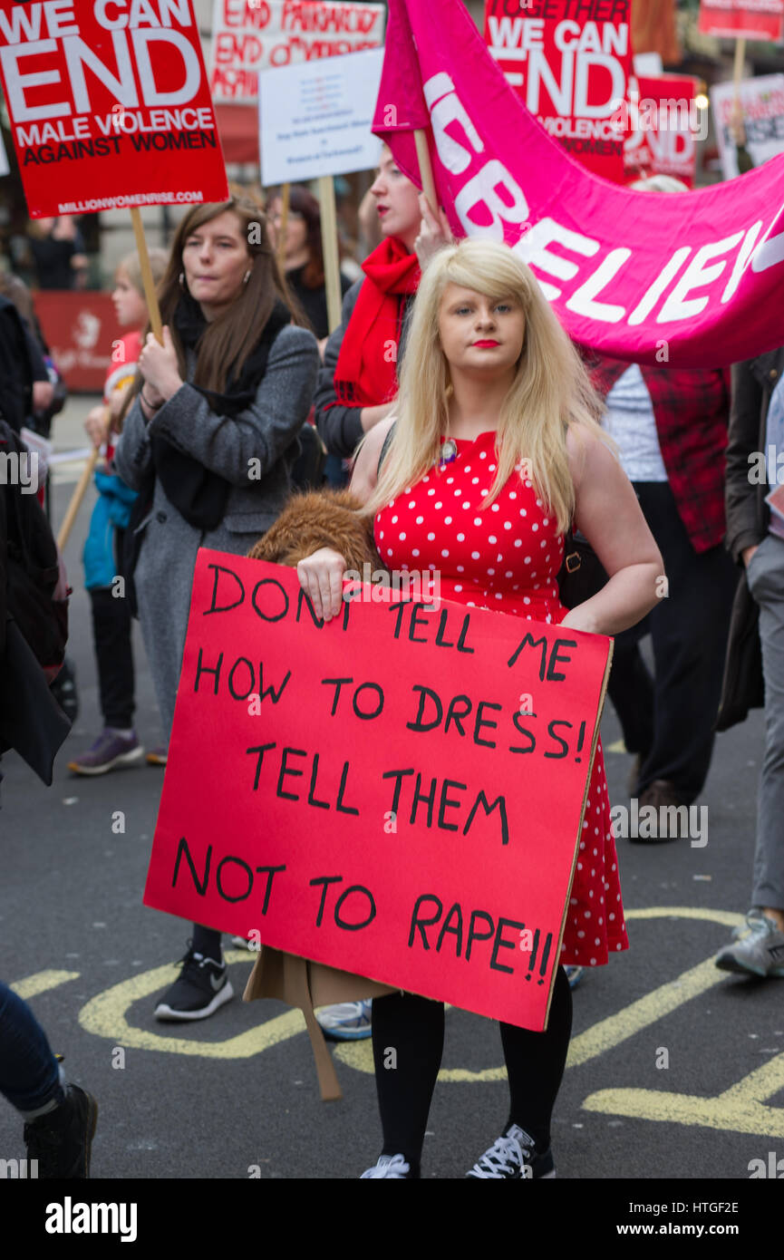 London, England, UK.  11th March 2017.  Several women marched through London, calling tfor the end of violence to women. They carried signs saying 'Together we can end male violence women'. The march ended in Picadilly Square. Andrew Steven Graham/Alamy Live News Stock Photo