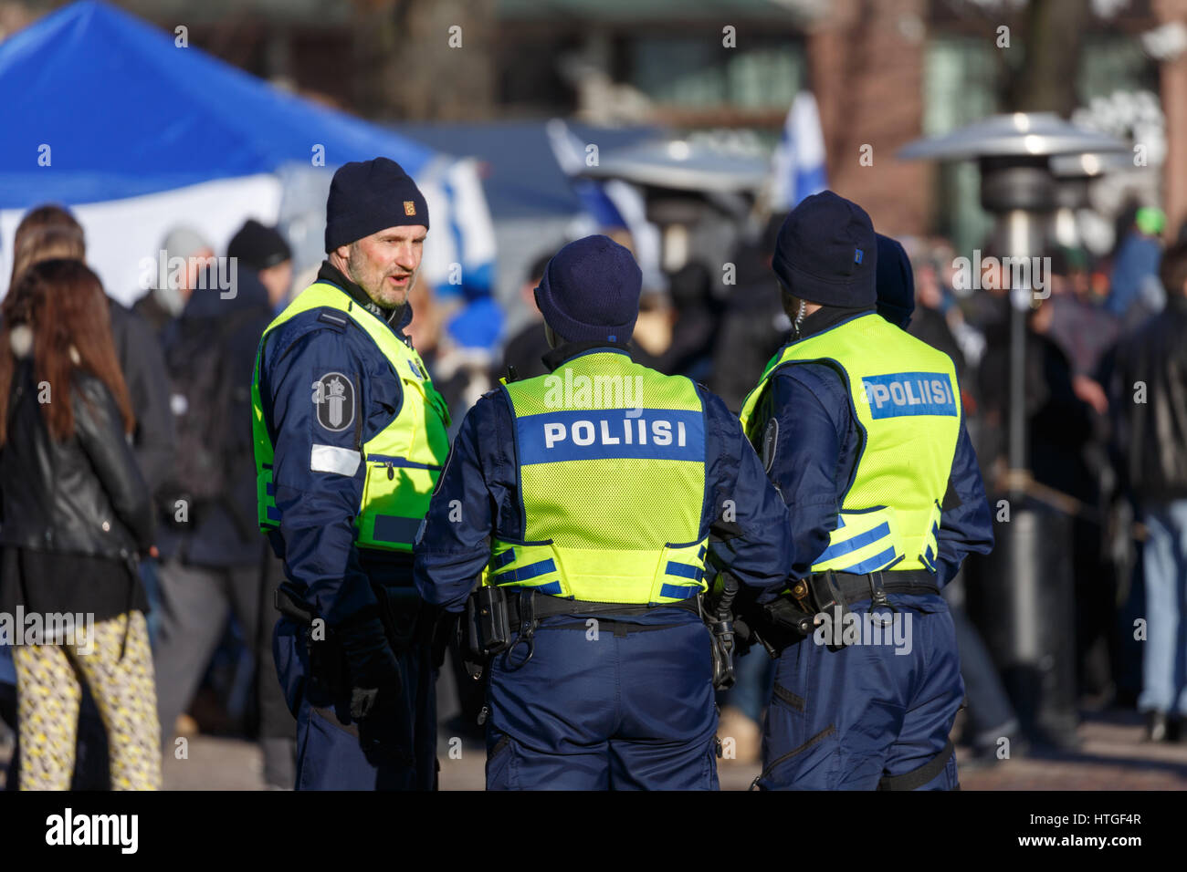 Police presence at the demonstrations of 11th March 2017 at Helsinki Railway Station Square Stock Photo