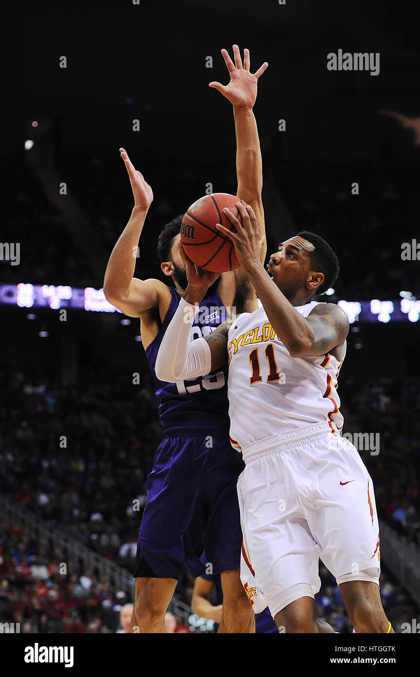 Kansas City, Missouri, USA. 10th Mar, 2017. Iowa State Cyclones guard Monte Morris (11) draws contact on a shot attempt in the second half during the 2017 NCAA Phillips 66 Big 12 Men's Basketball Championship -Semifinal game between the Iowa State Cyclones and the TCU Horned Frogs at the Sprint Center in Kansas City, Missouri. Kendall Shaw/CSM/Alamy Live News Stock Photo