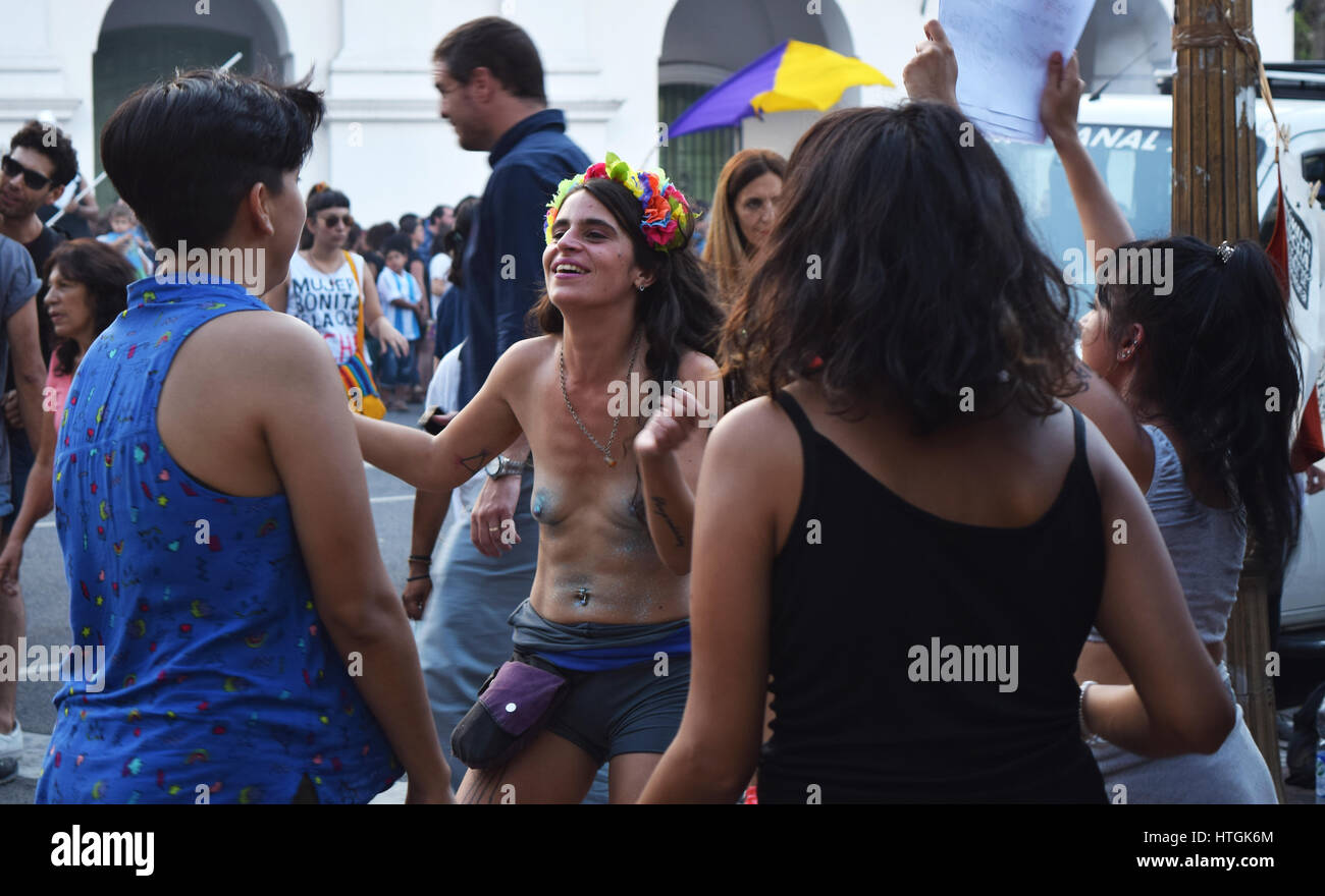 Buenos Aires, Argentina - March 8, 2017: Girls dancing during a protest conmemorating the International Women's Day on March 8, 2017 in Buenos Aires, Argentina. Stock Photo