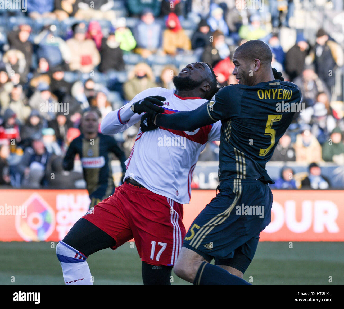 Chester, Pennsylvania, USA. 11th Mar, 2017. Toronto FC's JOZY ALTIDORE, (17), fights OGUCHI ONYEWU (5) of the Union for the ball during the match held at Talen Energy Stadium in Chester Pa Credit: Ricky Fitchett/ZUMA Wire/Alamy Live News Stock Photo