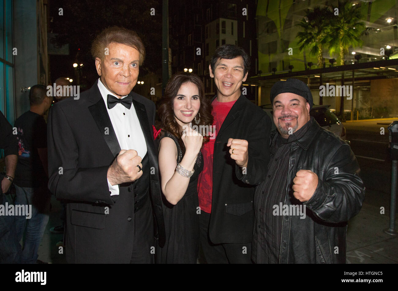 Los Angeles, California, USA. 11th March, 2017. Actor Mel Novak, actress Vida Ghaffari, actor Don 'The Dragon' Wilson, and filmmaker Thomas J. Churchill attend the world premiere of 'Syndicate Smasher', an action-packed crime thriller movie, at the Downtown Independent Theatre in Los Angeles, California, on March 11, 2017. © Sheri Determan/Alamy Live News Stock Photo