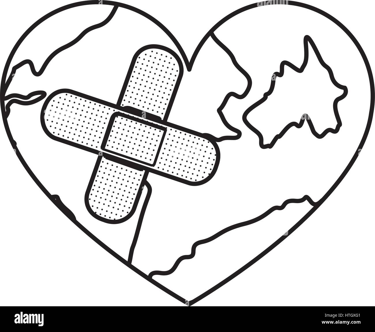 figure earth planet heart with band aid icon Stock Vector
