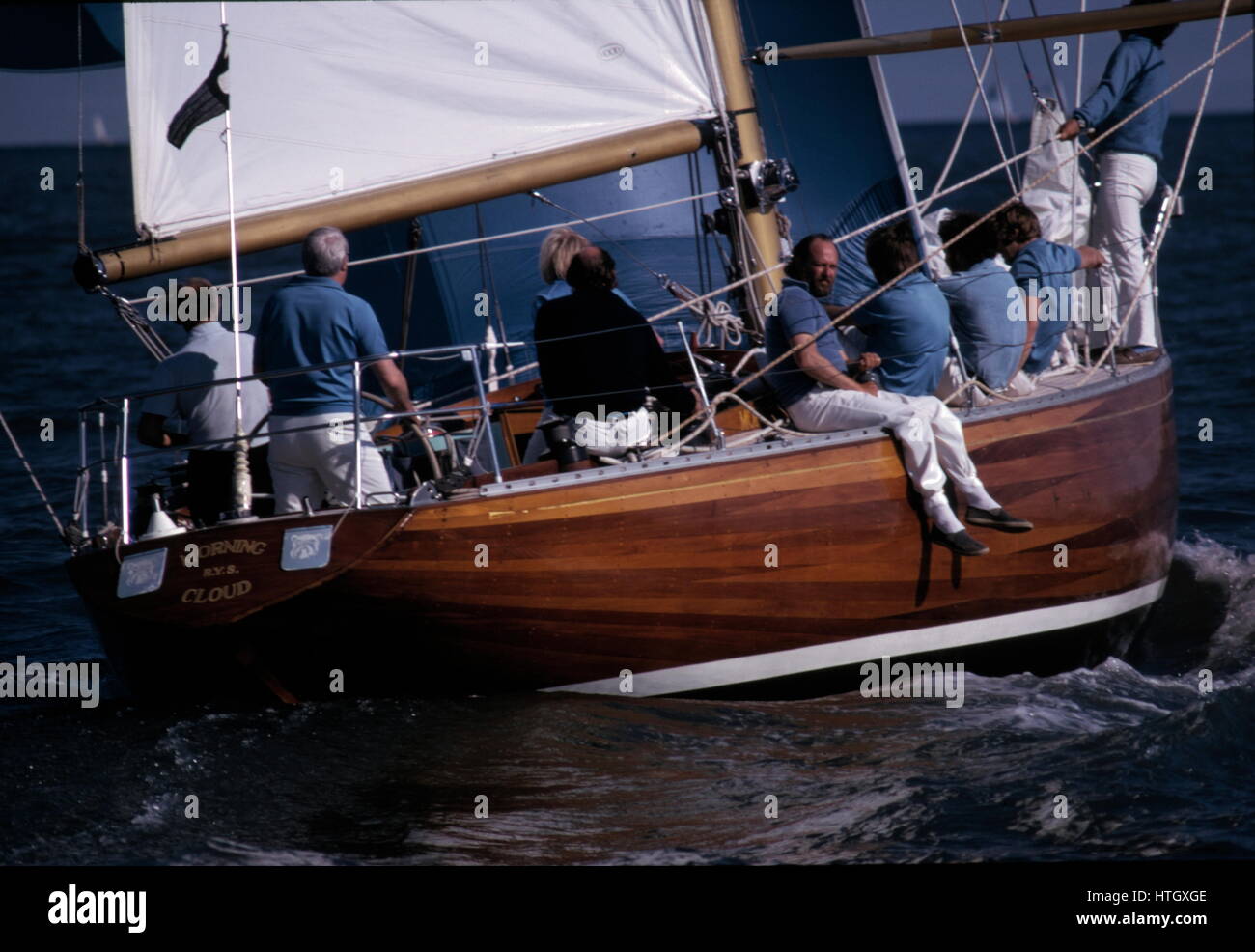 AJAXNETPHOTO.1974. SOUTHSEA, ENGLAND. - SEINE BAY RACE - EDWARD HEATH AT THE HELM OF HIS YACHT MORNING CLOUD AT THE START OF THE RACE. PHOTO:JONATHAN EASTLAND/AJAX REF:401181 Stock Photo