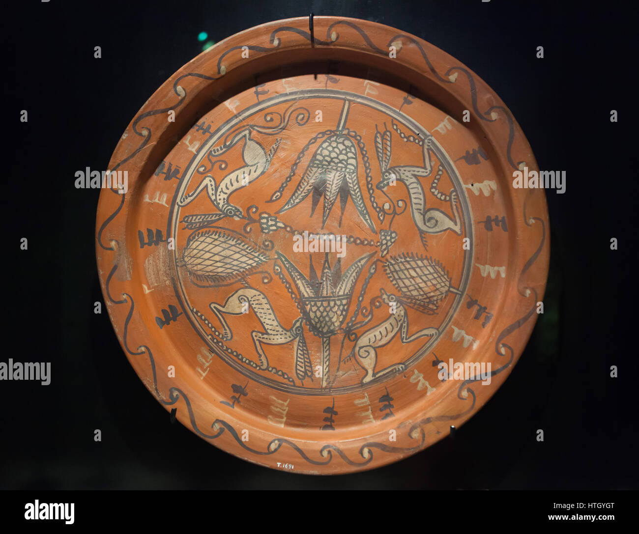 Plate with hares. Roman-Coptic ceramics from 3-6th century AD on display in the Staatliches Museum Agyptischer Kunst (State Museum of Egyptian Art) in Munich, Bavaria, Germany. Stock Photo