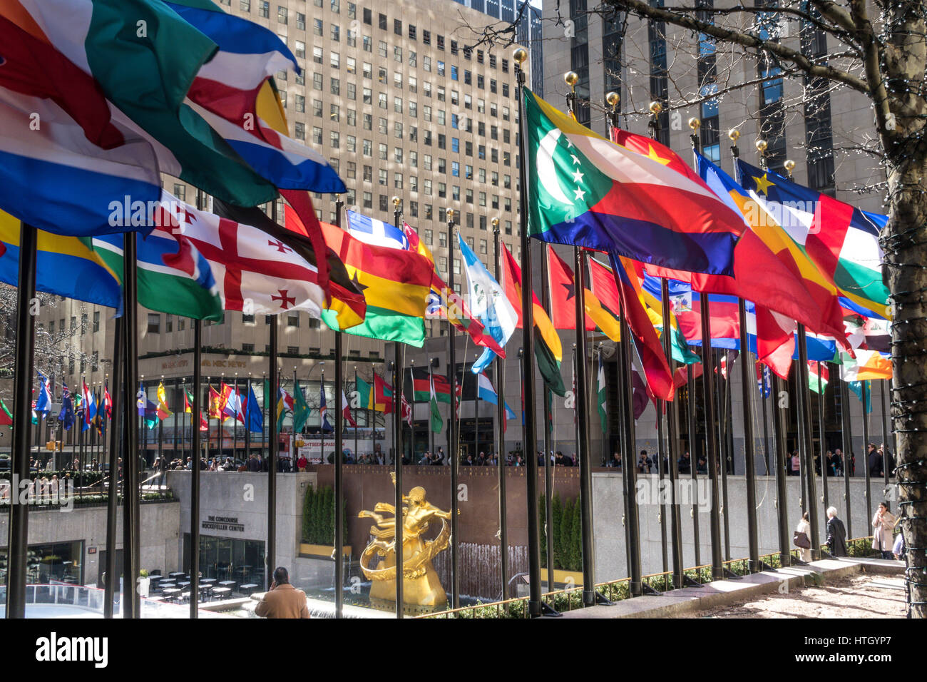 International Nation Flags Displayed at Rockefeller Center, NYC, USA Stock Photo