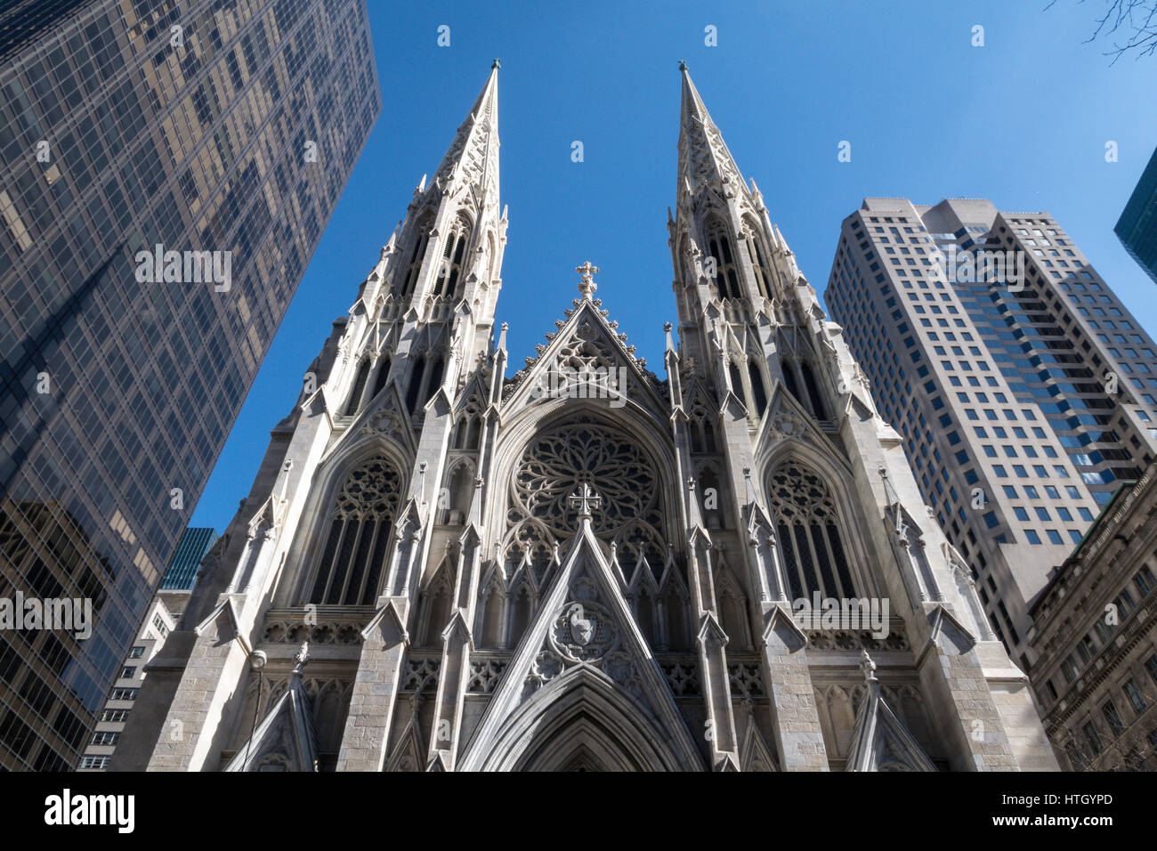 Looking up at the Spires on St. Patrick's Cathedral, NYC, USA Stock Photo
