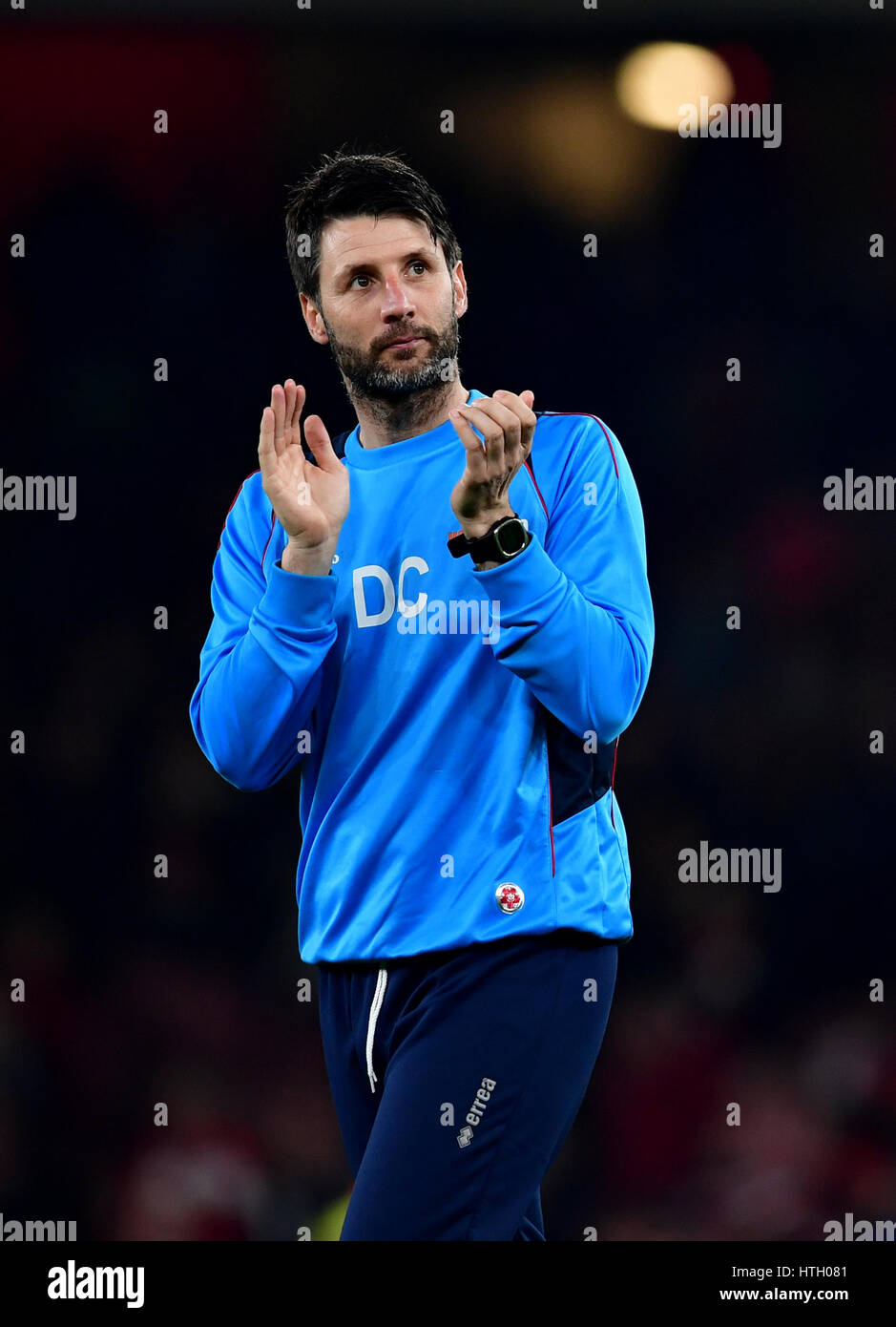 Lincoln City manager Danny Cowley during the Emirates FA Cup quarter final at The Emirates Stadium, London. PRESS ASSOCIATION Photo. Picture date: Saturday March 11, 2017. See PA story SOCCER Arsenal. Photo credit should read: Dominic Lipinski/PA Wire. RESTRICTIONS: No use with unauthorised audio, video, data, fixture lists, club/league logos or 'live' services. Online in-match use limited to 75 images, no video emulation. No use in betting, games or single club/league/player publications. Stock Photo