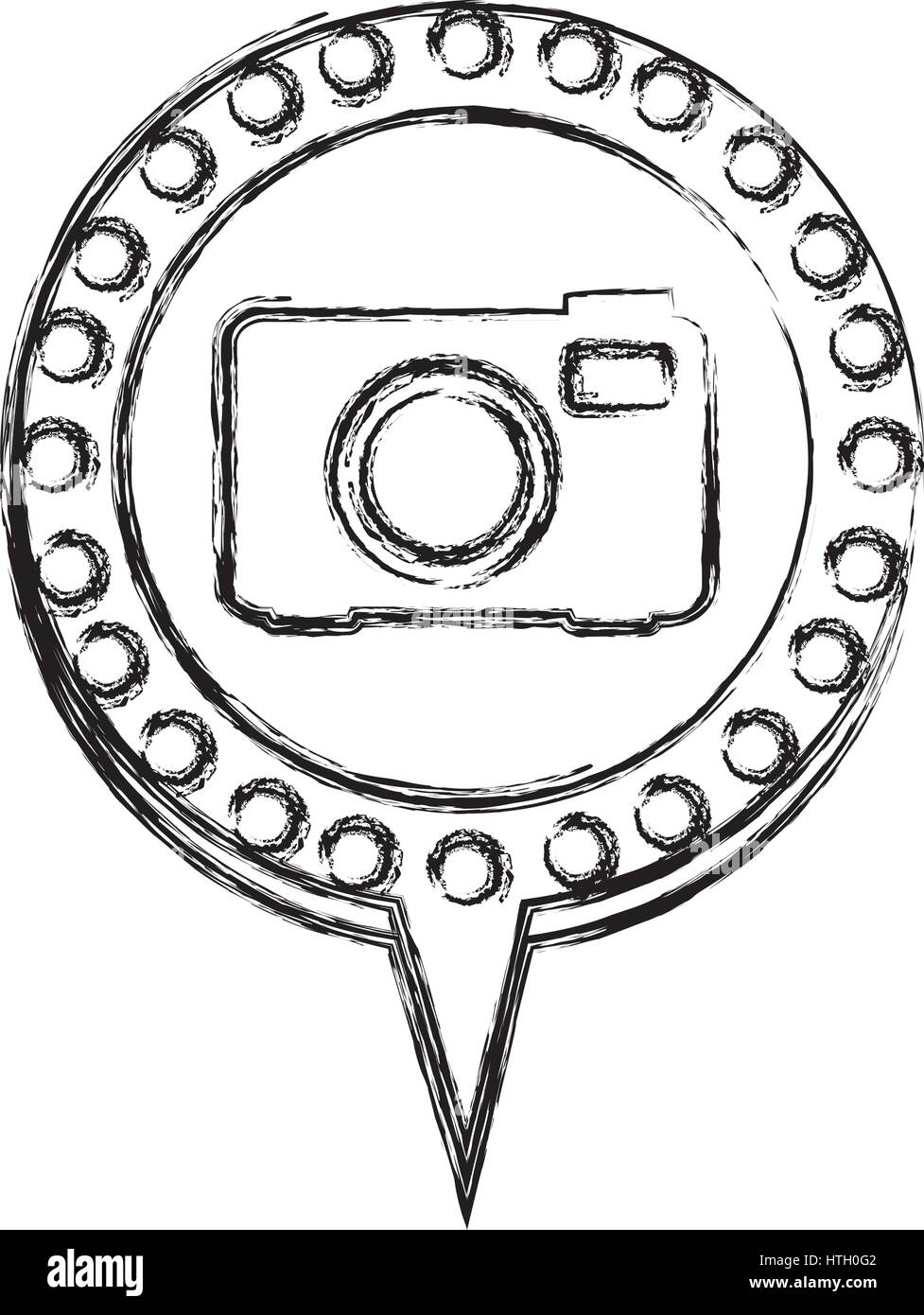 monochrome sketch with analog camera and circular speech with contour ...