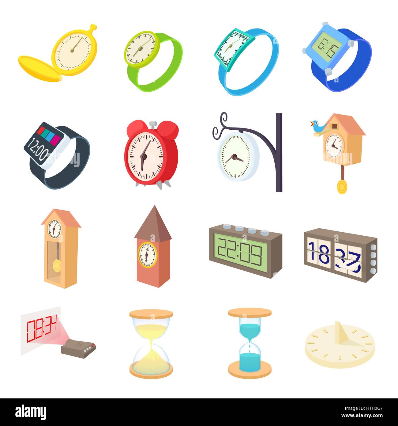 Clock and watch icons set in cartoon style on a white background Stock Vector