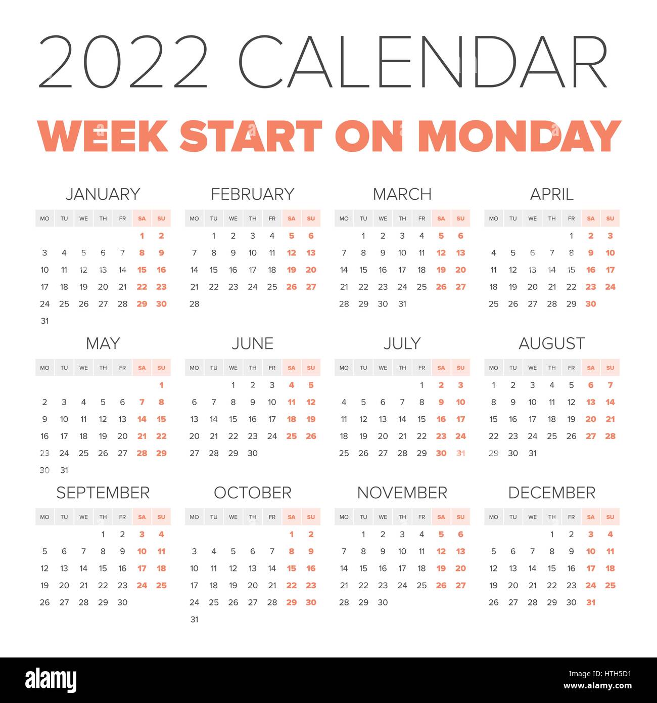 Monday To Friday Calendar 2022 Simple 2022 Year Calendar, Week Starts On Monday Stock Vector Image & Art -  Alamy